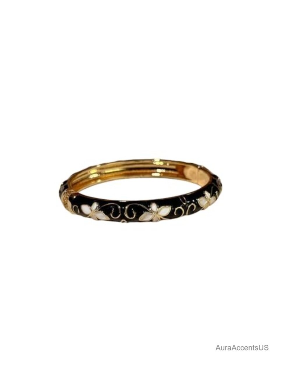 Gold Plated Chunky Bangle Bracelet Enamel Flower Hinge Vintage Women's